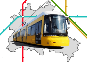 Berliner Straßenbahn vor Berlinkarte und stilisiertem Liniennetz