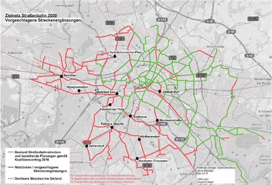 Straßenbahn-Zielnetz Berlin 2050 - vorgschlagene Strecken